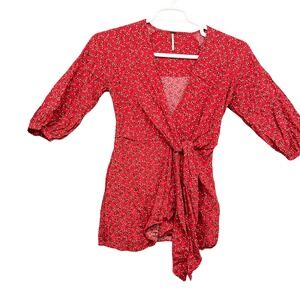 Free People Red Floral Print Tie Front Blouse Dress Top XS Long Sleeves‎